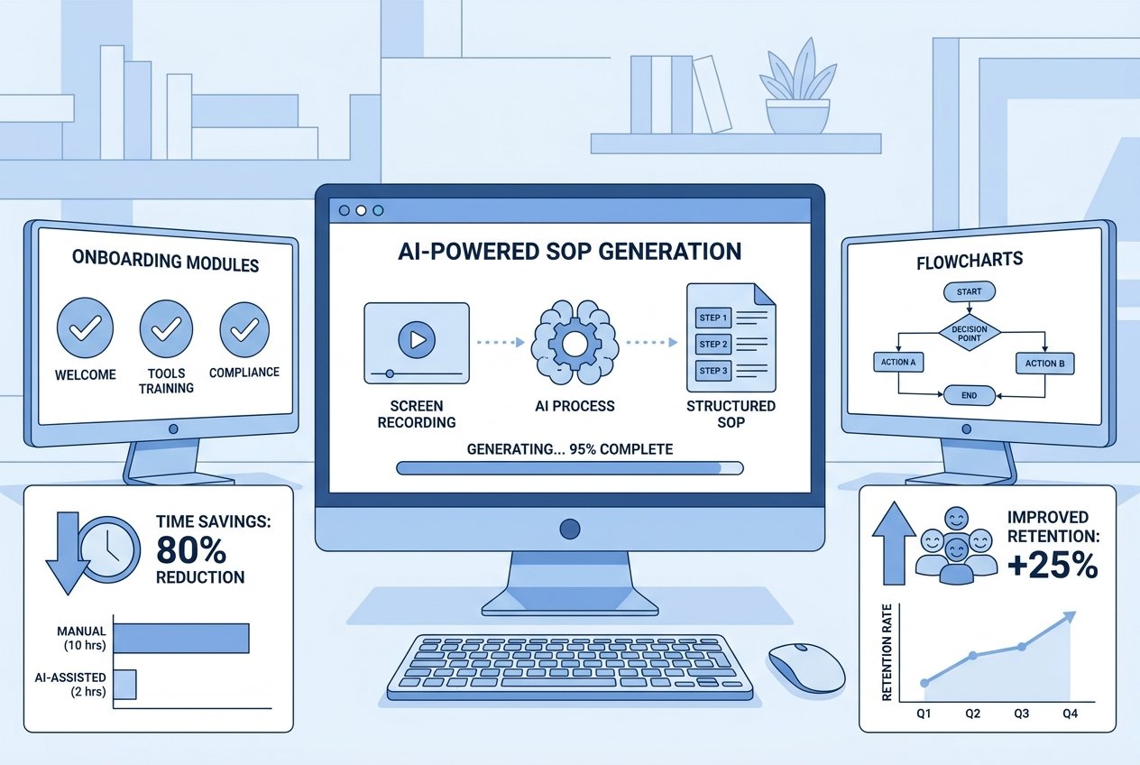 A sleek digital dashboard showing an AI tool converting a screen recording into a formatted standard operating procedure, surrounded by onboarding module cards, compliance checklists, and productivity metric charts on multiple monitors.