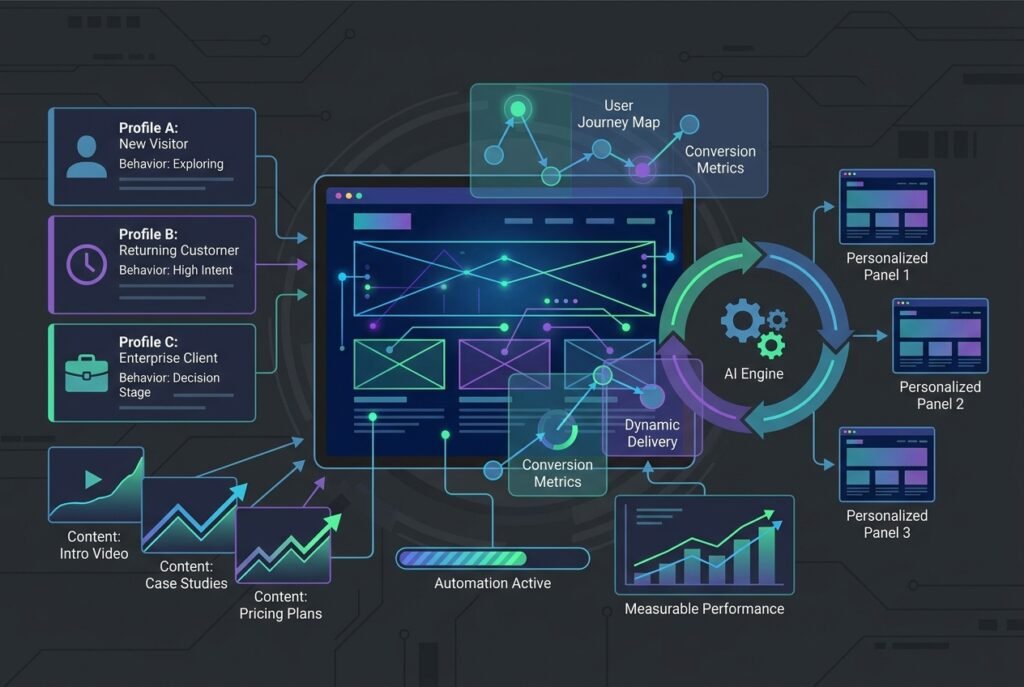 A futuristic AI dashboard interface displaying dynamic website personalisation with multiple visitor profile panels, behavioural data streams, conversion rate graphs, and real-time content adaptation visualisations on a dark digital background.