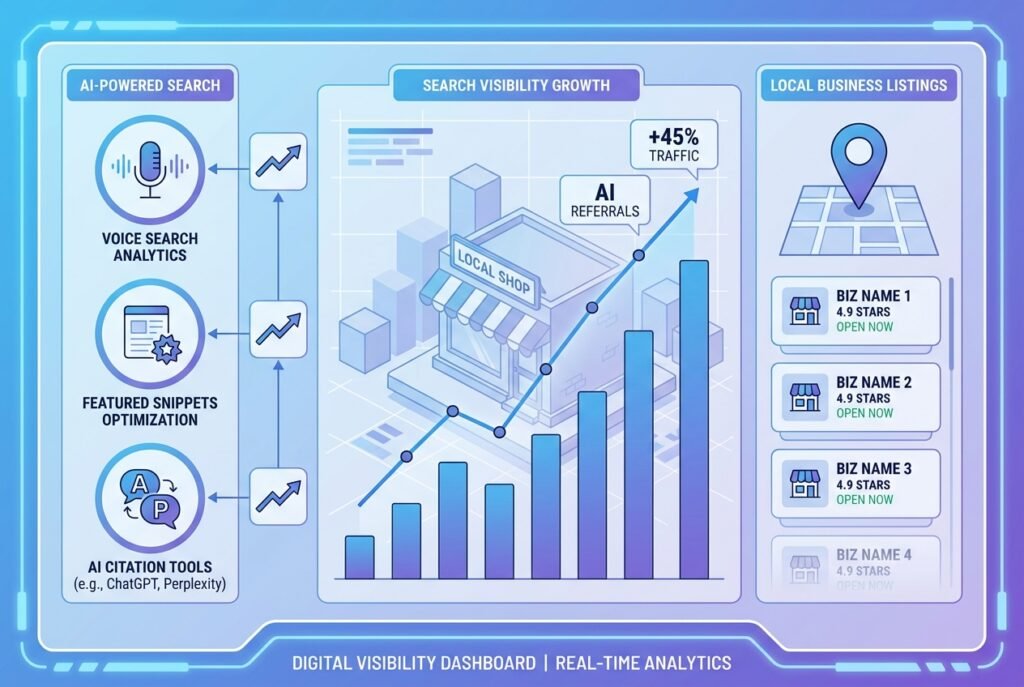 A glowing digital dashboard on a dark blue background displaying AI search metrics, citation graphs, voice search icons, and local business directory listings, representing GEO and AEO optimisation strategies for small businesses.