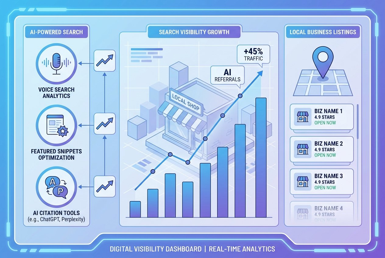A glowing digital dashboard on a dark blue background displaying AI search metrics, citation graphs, voice search icons, and local business directory listings, representing GEO and AEO optimisation strategies for small businesses.