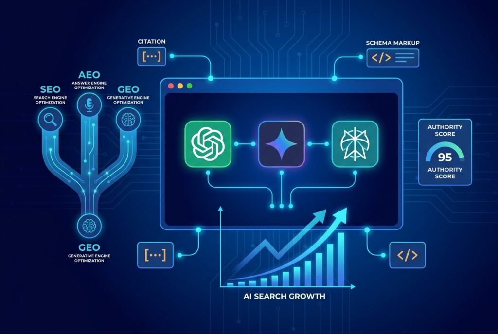 A futuristic digital marketing dashboard featuring ChatGPT, Gemini, and Perplexity AI logos connected by glowing data nodes, upward-trending search analytics charts, and GEO strategy icons on a dark blue background.