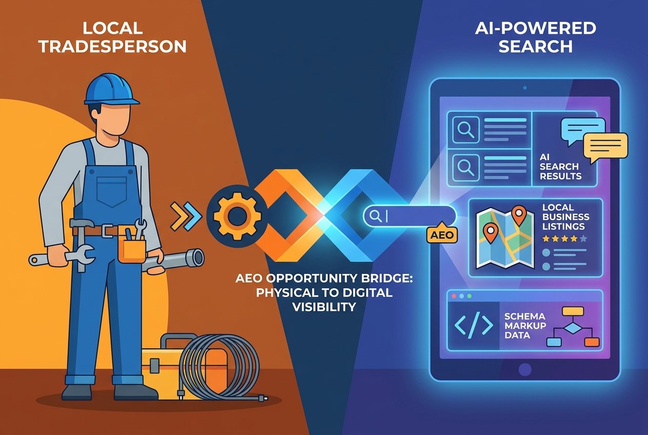 A tradesperson in work gear standing beside a glowing digital screen displaying AI-generated local search results, Google Business Profile listings, and structured data markup icons, representing the connection between local trades businesses and AI search visibility.