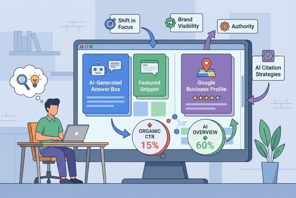 A small business owner sitting at a desk reviewing a digital SEO dashboard displaying AI-generated search overviews, featured snippets, zero-click search statistics, and a Google Business Profile panel, with data charts showing declining organic click-through rates.