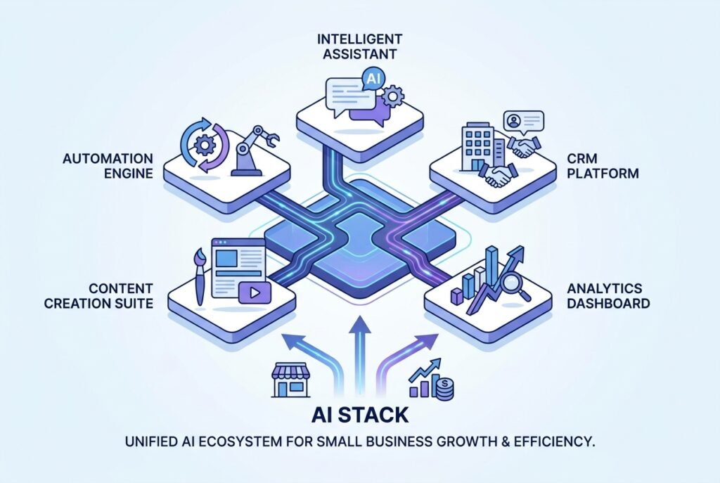 An isometric digital illustration of five glowing AI business tool icons — a chatbot, automation gears, a CRM interface, a design canvas, and an analytics graph — connected by blue data flow lines on a dark tech-themed background, representing a complete small business AI tool stack.