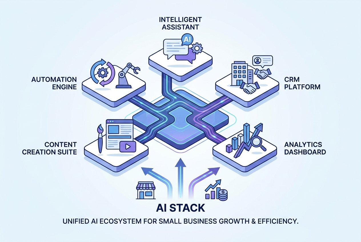 An isometric digital illustration of five glowing AI business tool icons — a chatbot, automation gears, a CRM interface, a design canvas, and an analytics graph — connected by blue data flow lines on a dark tech-themed background, representing a complete small business AI tool stack.