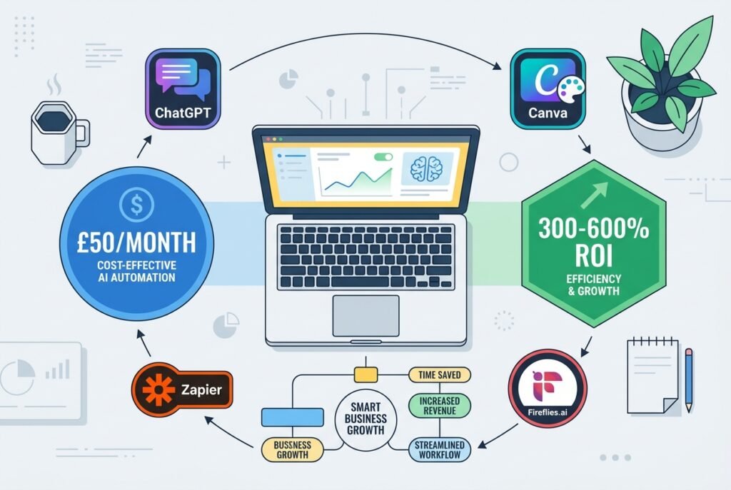 A modern digital workspace flat-lay showing a laptop surrounded by AI tool logos including ChatGPT, Canva, Zapier, and Fireflies.ai, with bold infographic callouts displaying '£50/month' and '300-600% ROI' on a clean, light background.