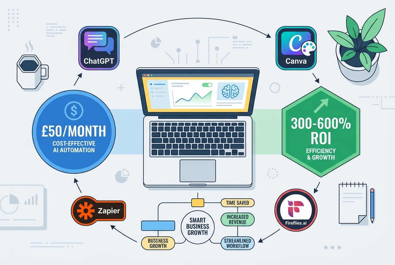 A modern digital workspace flat-lay showing a laptop surrounded by AI tool logos including ChatGPT, Canva, Zapier, and Fireflies.ai, with bold infographic callouts displaying '£50/month' and '300-600% ROI' on a clean, light background.
