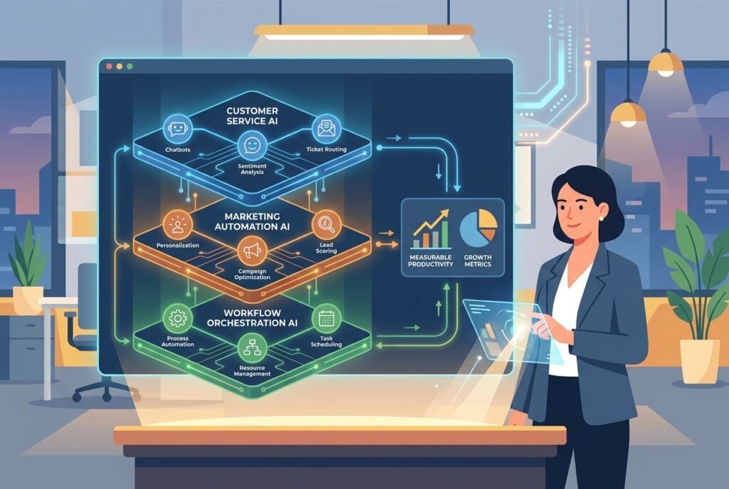 A small business owner at a desk interacting with a three-panel digital dashboard displaying interconnected AI agent layers for customer service, marketing automation, and workflow orchestration, with glowing nodes and data metrics on screen.