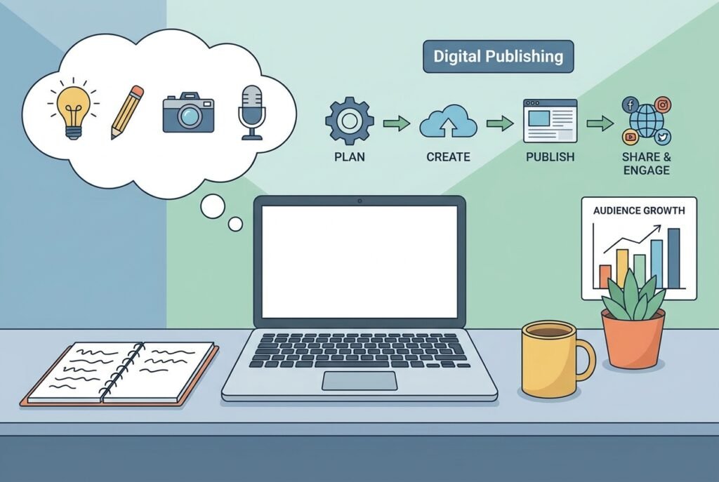 A modern workspace setup with a laptop and notebook representing blog content creation
