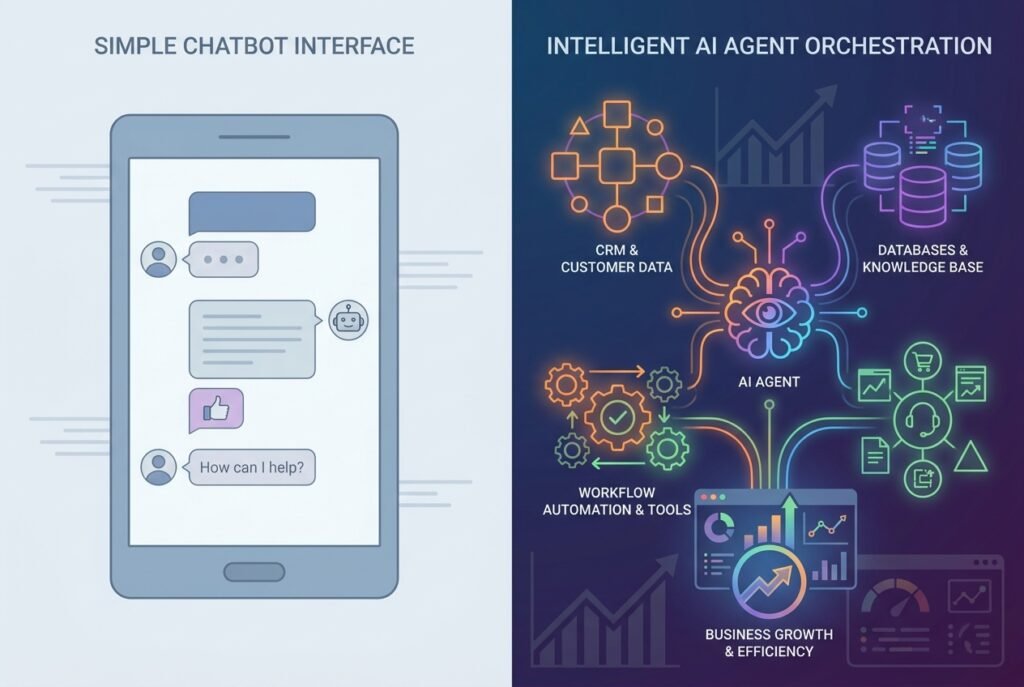 A split-screen digital illustration comparing a simple blue chatbot conversation interface on the left with a vibrant AI agent network diagram on the right, showing interconnected business system nodes including CRM, databases, and workflow tools, set against a dark futuristic background with glowing data visualizations.