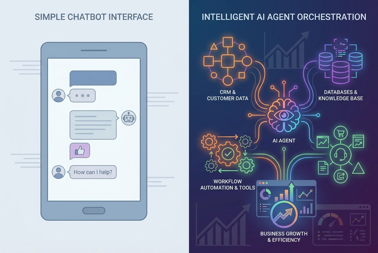 A split-screen digital illustration comparing a simple blue chatbot conversation interface on the left with a vibrant AI agent network diagram on the right, showing interconnected business system nodes including CRM, databases, and workflow tools, set against a dark futuristic background with glowing data visualizations.