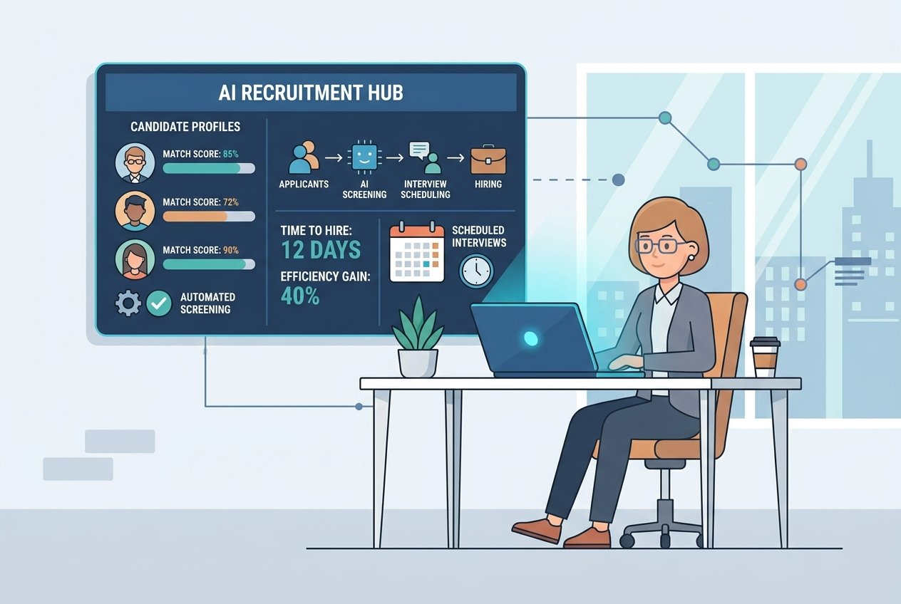 A small business manager reviewing an AI recruitment dashboard on a laptop displaying candidate profiles, match scores, and automated scheduling icons in a modern office setting.