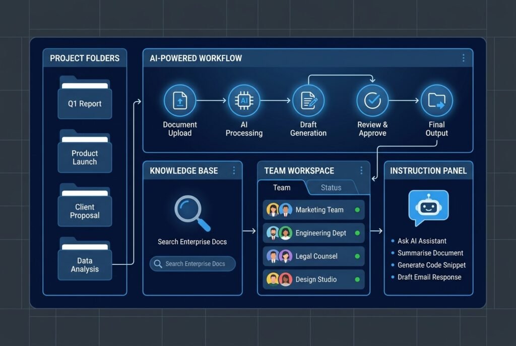 A modern AI workspace dashboard displaying organised project folders, document upload panels, and structured workflow tabs with a clean blue and white interface representing a Claude Projects business setup.
