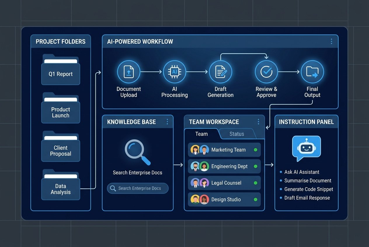 A modern AI workspace dashboard displaying organised project folders, document upload panels, and structured workflow tabs with a clean blue and white interface representing a Claude Projects business setup.