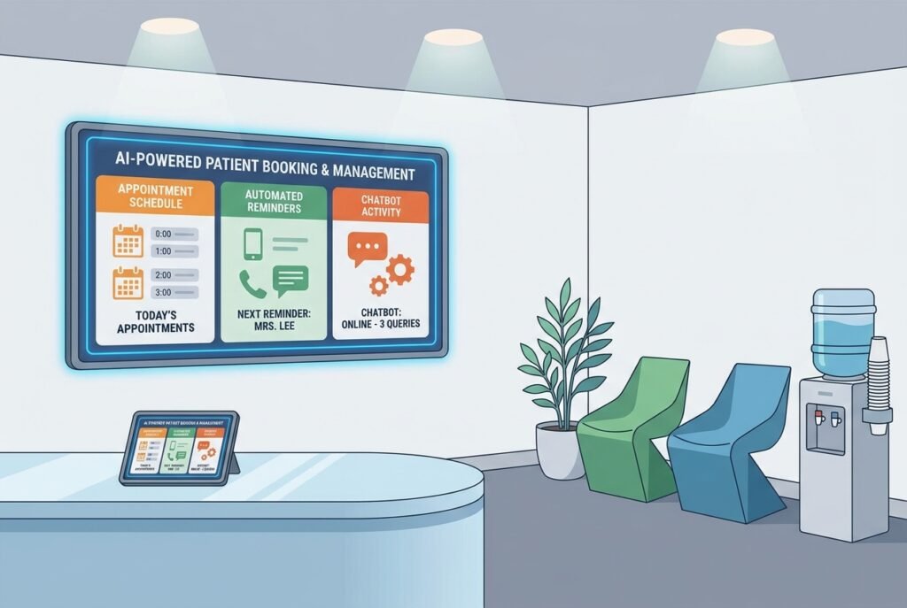 A dental receptionist at a bright, modern front desk viewing an AI-powered practice management dashboard on a tablet, displaying automated appointment reminders, patient booking confirmations, and recall notifications.