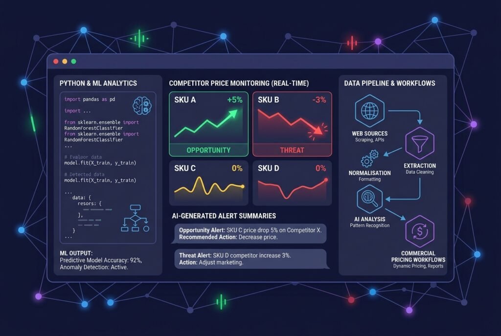 A dark-themed AI analytics dashboard showing real-time competitor price tracking with line graphs, SKU price comparison tables, colour-coded change alerts in red and green, and machine learning model output panels displaying automated pricing intelligence summaries.