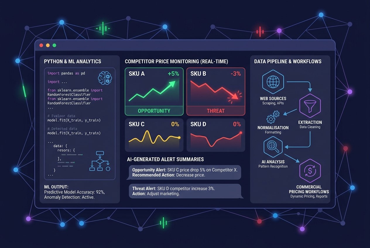 A dark-themed AI analytics dashboard showing real-time competitor price tracking with line graphs, SKU price comparison tables, colour-coded change alerts in red and green, and machine learning model output panels displaying automated pricing intelligence summaries.