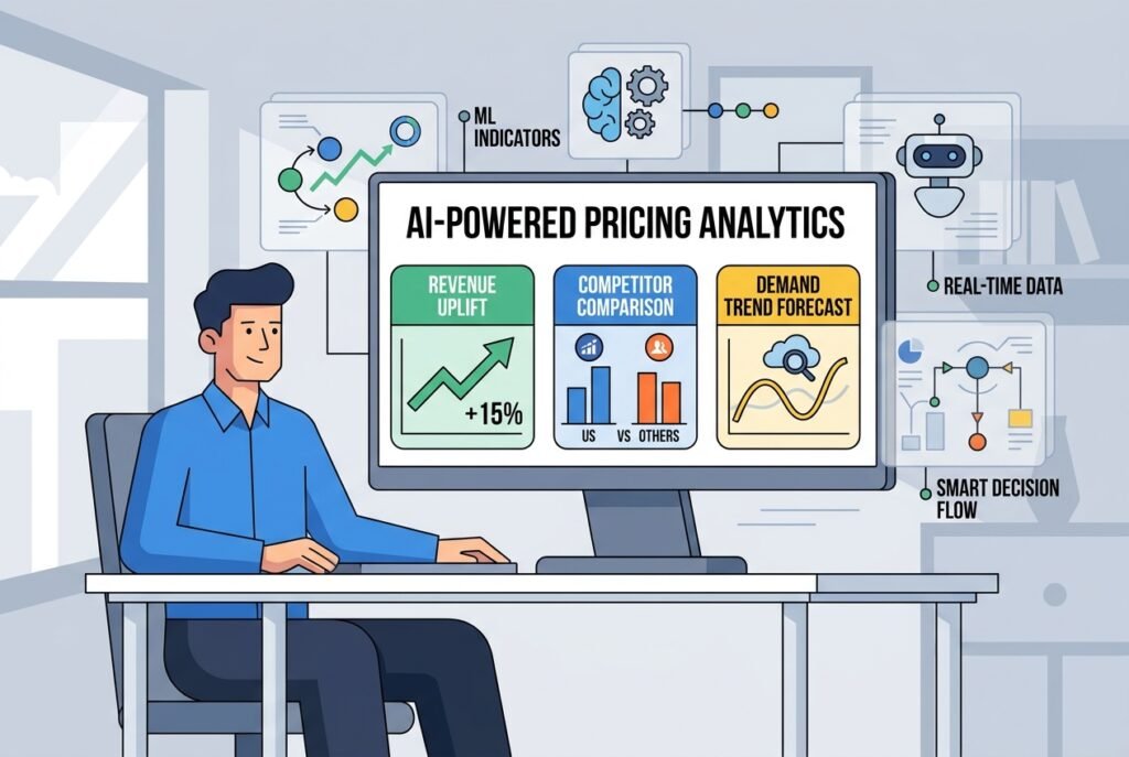 A small business owner reviewing an AI-powered pricing strategy dashboard on a large monitor, showing dynamic revenue graphs, competitor price tracking charts, and demand trend visualisations in a modern office setting.