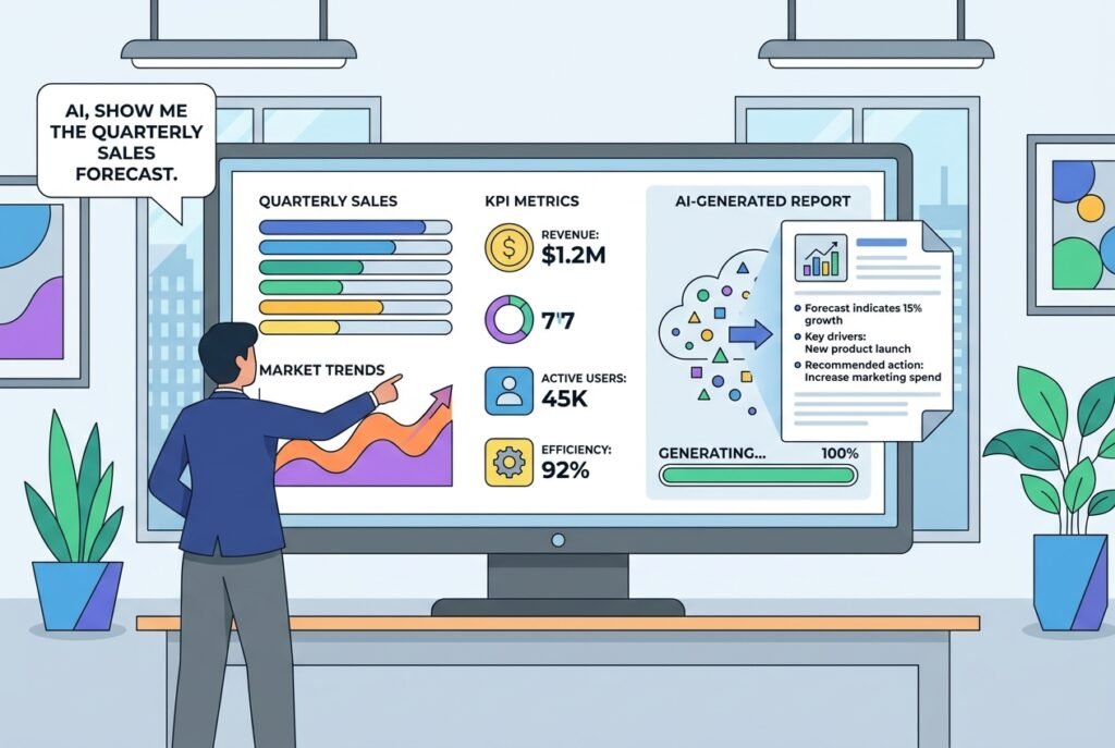 A business professional in a modern office using an AI-powered reporting dashboard on a large monitor, displaying colourful charts, graphs, and real-time KPI metrics being automatically generated from raw business data.