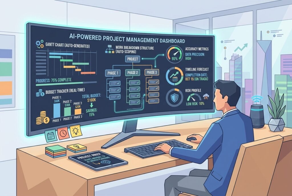 A professional at a desk reviewing an AI-generated project scoping dashboard displaying Gantt charts, budget trackers, risk profiles, and a structured work breakdown on a large monitor.