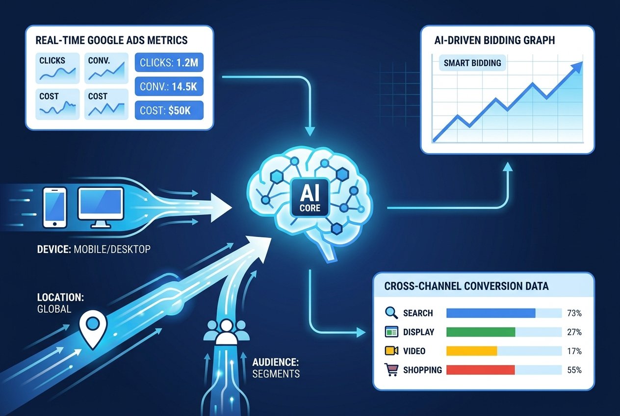 A digital AI marketing dashboard showing Google Ads performance metrics including conversion rates, smart bidding graphs, and multi-channel data visualisations in blue and white tones.