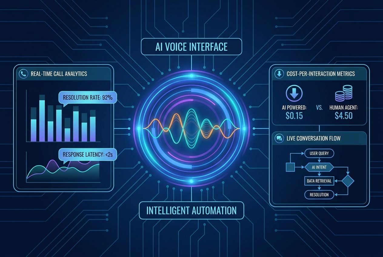 A dark-themed digital dashboard displaying an AI voice agent interface with animated speech waveforms, real-time call resolution statistics, cost-per-interaction metrics, and a visual conversation flow diagram on interconnected UI panels.