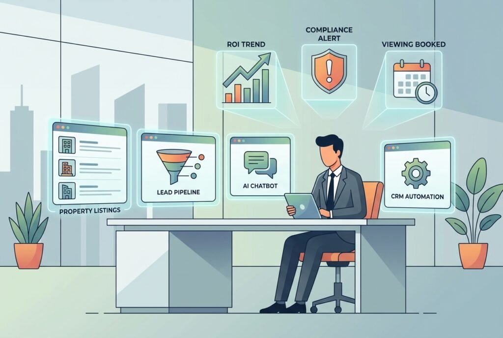 A professional estate agent working at a modern desk with multiple screens showing AI property listing dashboards, CRM automation pipelines, chatbot interfaces, and upward-trending ROI graphs in a sleek, tech-forward office environment.