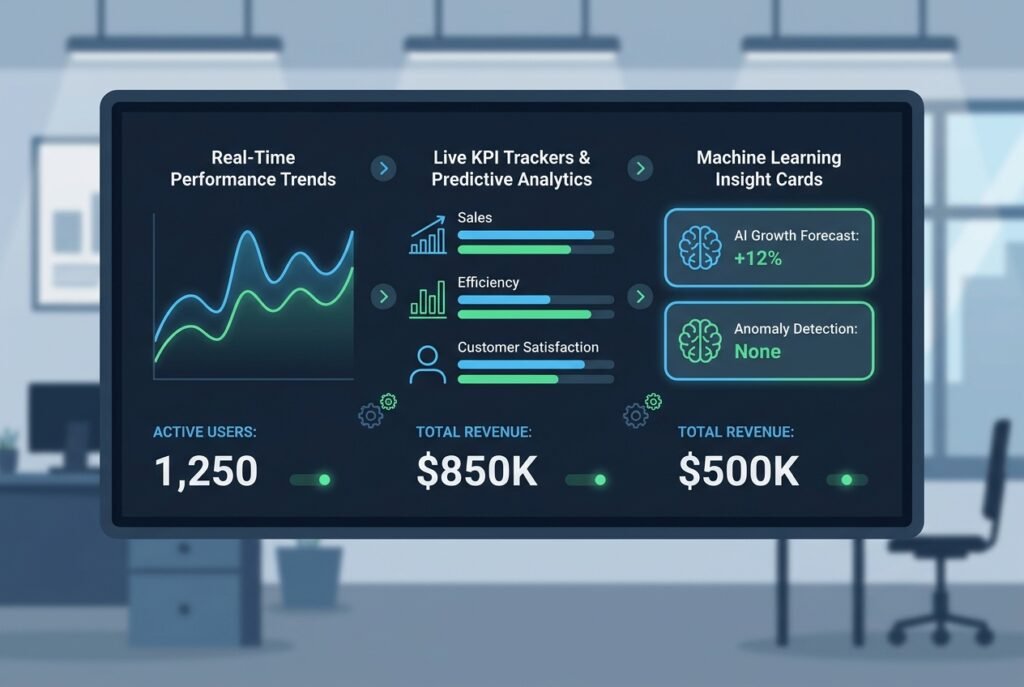 A dark-mode AI business dashboard on a widescreen monitor displaying real-time KPI charts, predictive analytics panels, and colourful data visualisations including line graphs and bar charts with blue and green glowing accents.