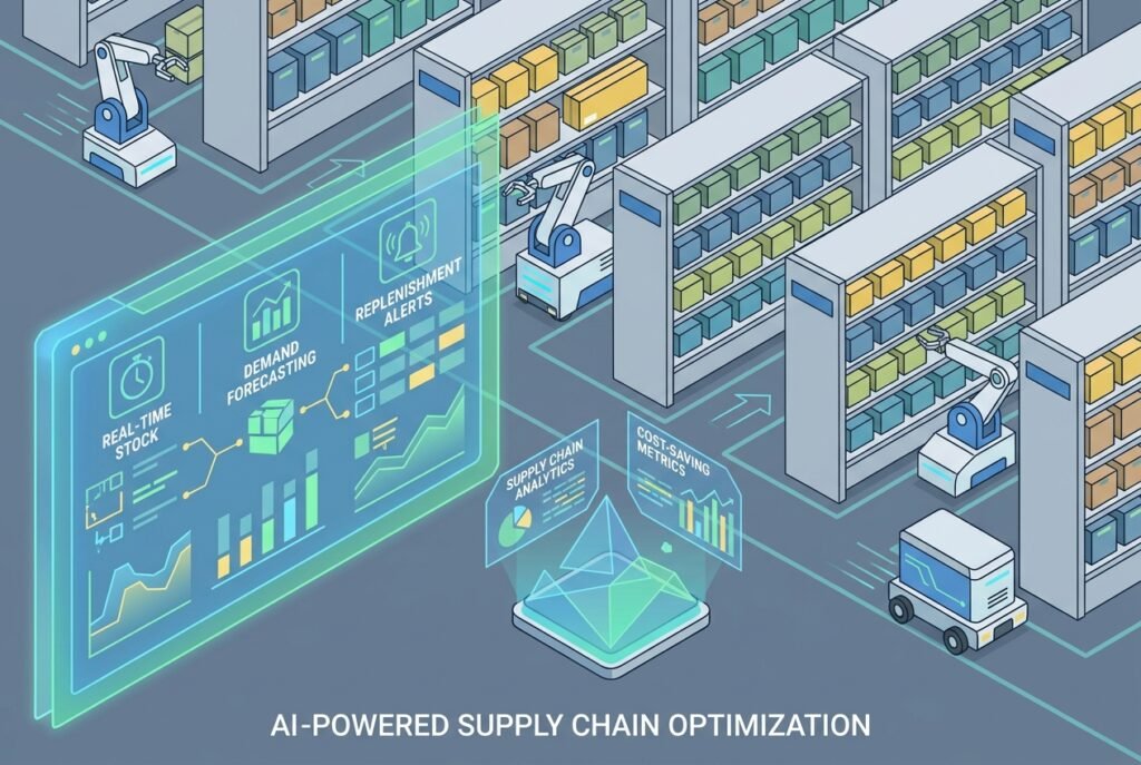 A futuristic warehouse scene featuring a glowing blue AI inventory management dashboard with real-time stock level charts, demand forecasting graphs, and automated replenishment alerts, alongside robotic fulfilment systems operating between organized product shelves in the background.