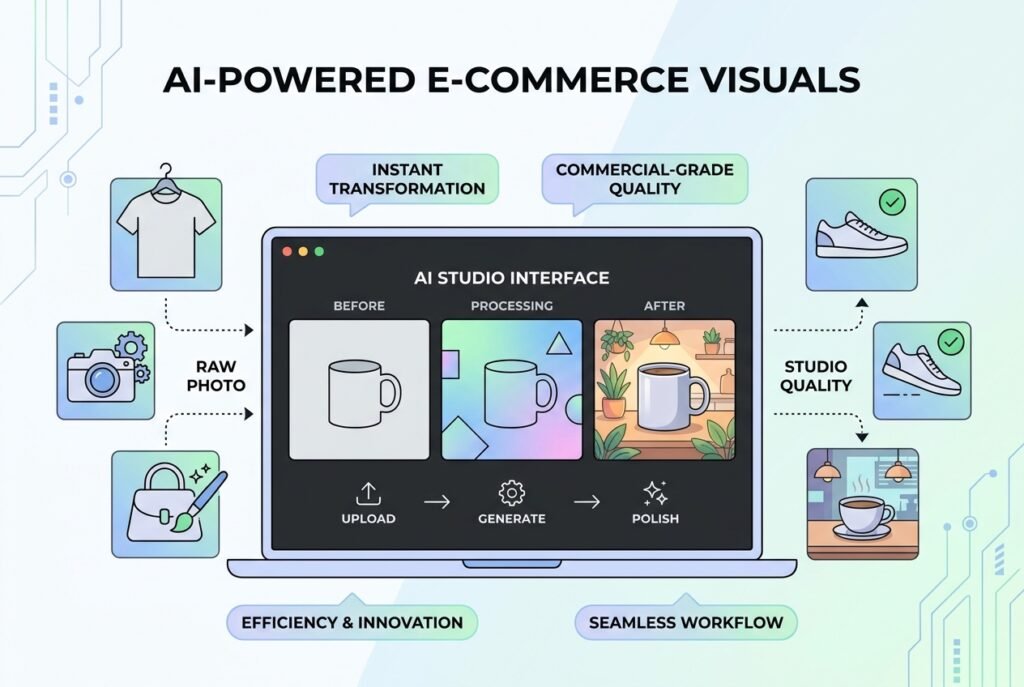 A laptop screen displaying an AI product photography platform interface, surrounded by multiple e-commerce product images being enhanced from plain white backgrounds into stylish lifestyle scenes using artificial intelligence tools.