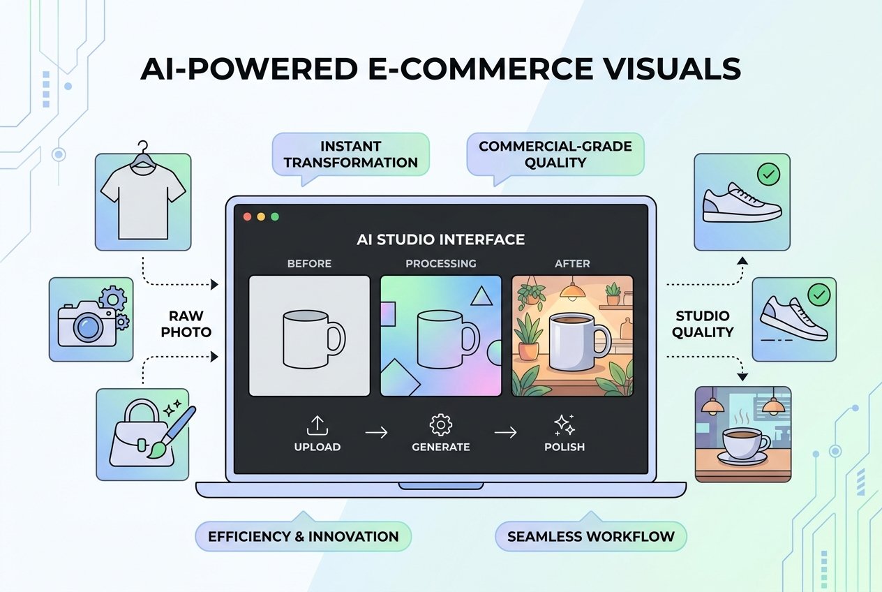 A laptop screen displaying an AI product photography platform interface, surrounded by multiple e-commerce product images being enhanced from plain white backgrounds into stylish lifestyle scenes using artificial intelligence tools.