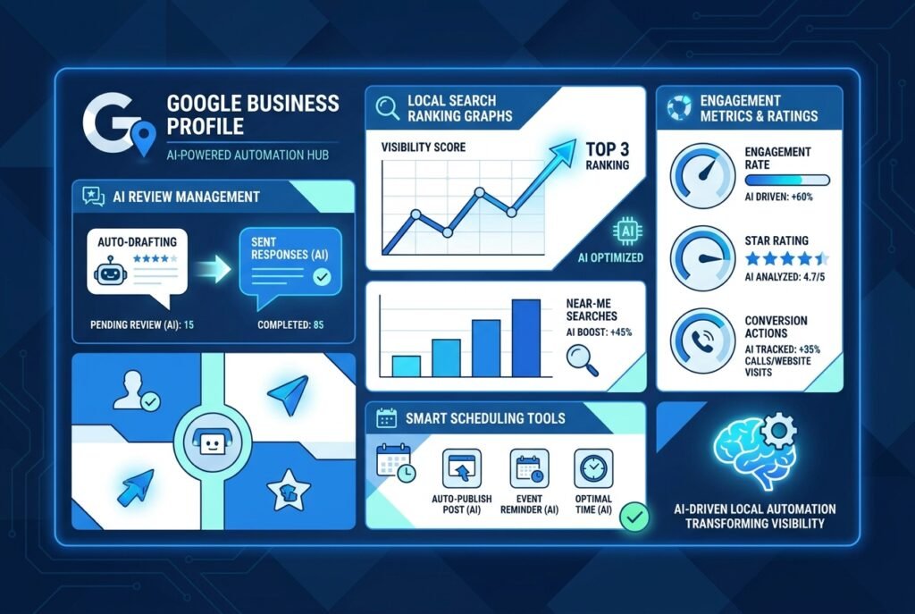 A futuristic AI-powered Google Business Profile dashboard featuring glowing blue data panels showing review response automation, local search ranking graphs, rising engagement metrics, and star rating analytics on a dark digital interface.