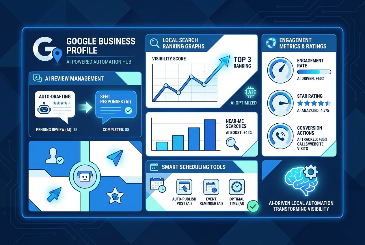 A futuristic AI-powered Google Business Profile dashboard featuring glowing blue data panels showing review response automation, local search ranking graphs, rising engagement metrics, and star rating analytics on a dark digital interface.