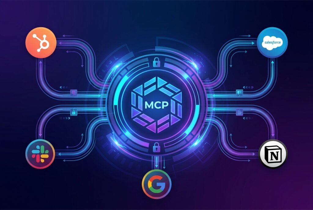 A futuristic dark-themed digital diagram showing a glowing blue MCP central node connected by bright data-flow lines to icons representing HubSpot, Salesforce, Slack, Notion, and Google Workspace, symbolising AI-powered business app integration.
