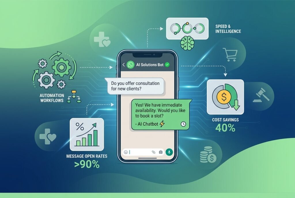A smartphone displaying a WhatsApp Business AI chatbot conversation with automated customer replies, surrounded by floating icons representing automation workflows, fast response times, and multi-industry customer service use cases.