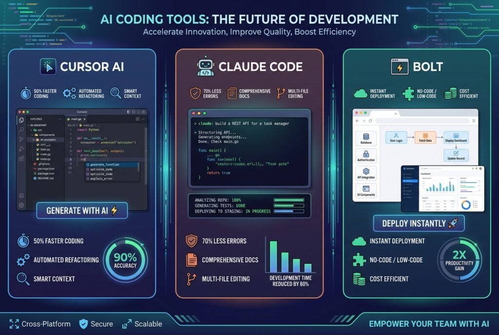 A dark-themed split-panel graphic comparing three AI coding tools — Cursor AI shown as a VS Code IDE interface, Claude Code displayed as a terminal window, and Bolt represented as a browser-based app builder — surrounded by glowing code snippets and productivity statistics.