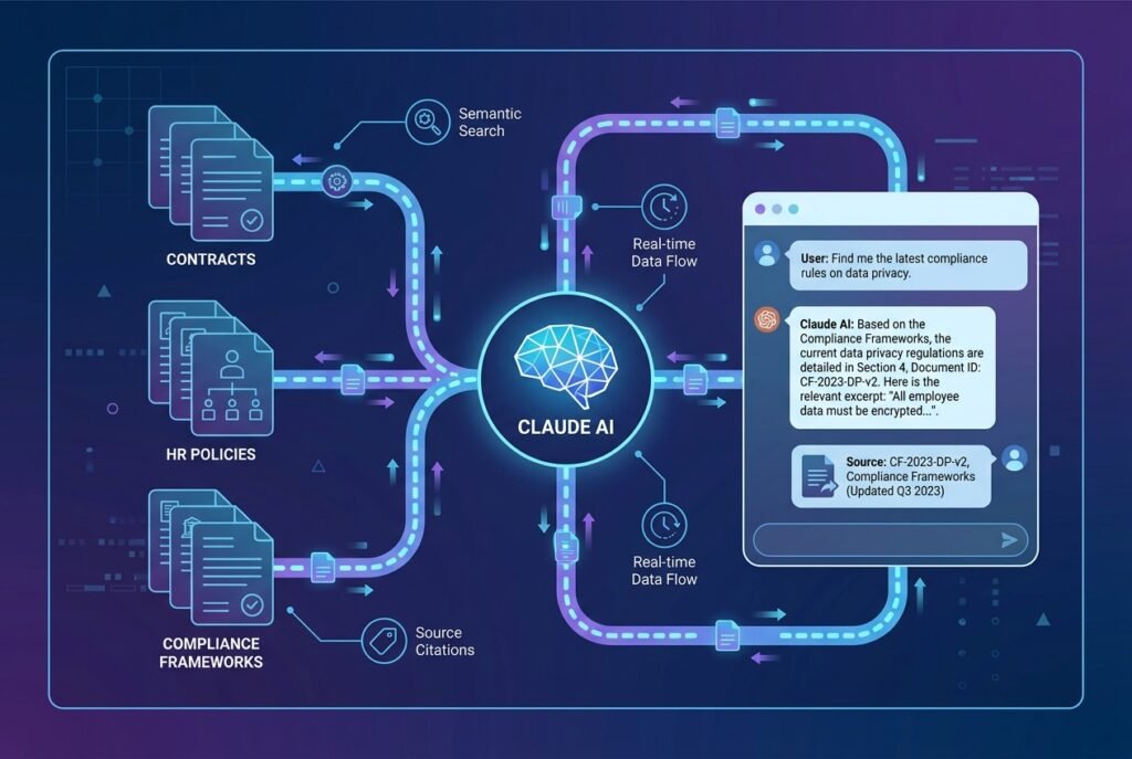 A dark-themed digital dashboard illustration showing an AI brain at the centre connected by glowing blue data streams to stacked document icons representing contracts, HR policies, and compliance manuals, with a chat interface on the right displaying source-cited answers generated from retrieved documents.