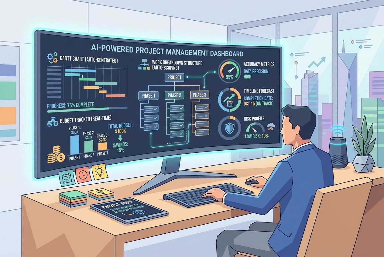 A professional at a desk reviewing an AI-generated project scoping dashboard displaying Gantt charts, budget trackers, risk profiles, and a structured work breakdown on a large monitor.