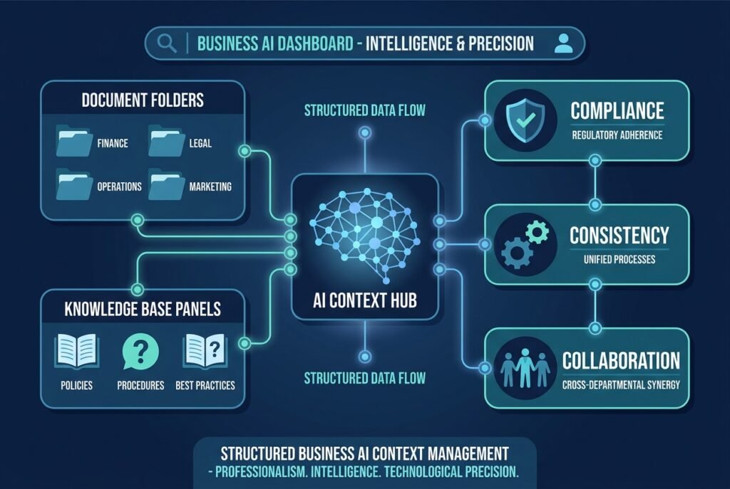 A modern AI workspace dashboard displaying interconnected document folders, knowledge base panels, and glowing data nodes in deep navy and teal tones, representing a structured Claude Projects business knowledge management system.