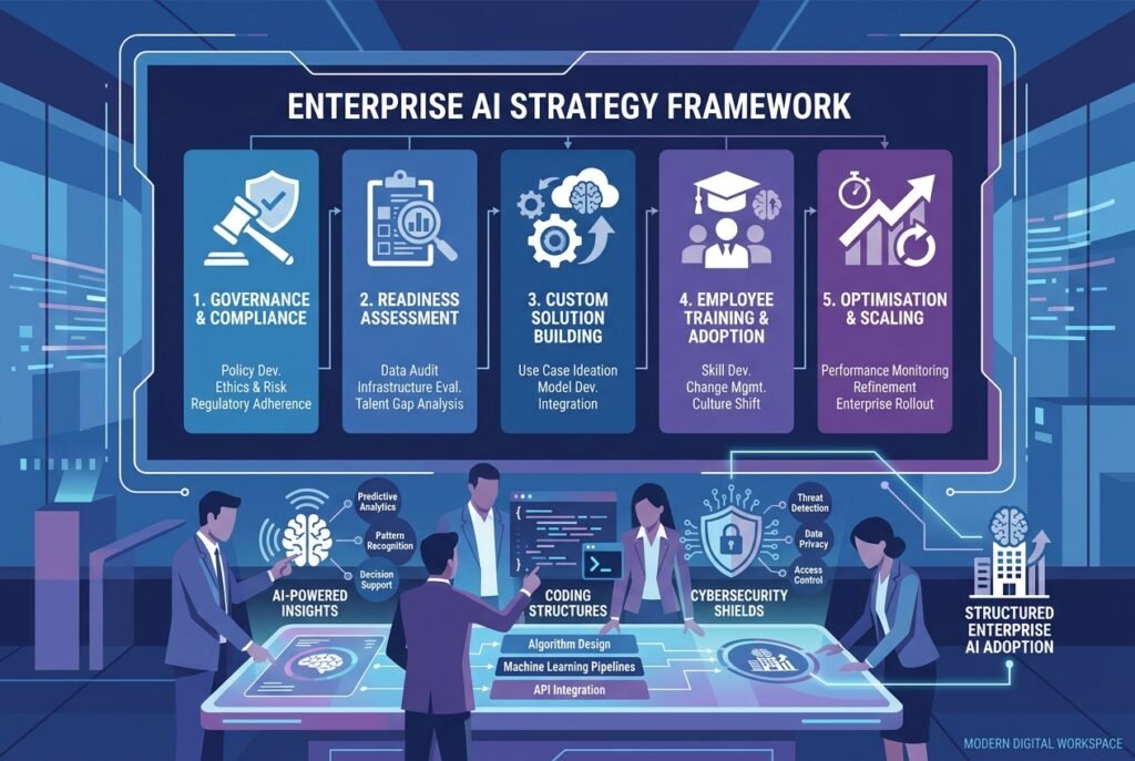 A corporate team collaborating around a futuristic digital dashboard displaying a five-pillar AI implementation framework with icons for governance, assessment, build, execution, and refinement, set against a dark blue and purple technological background.
