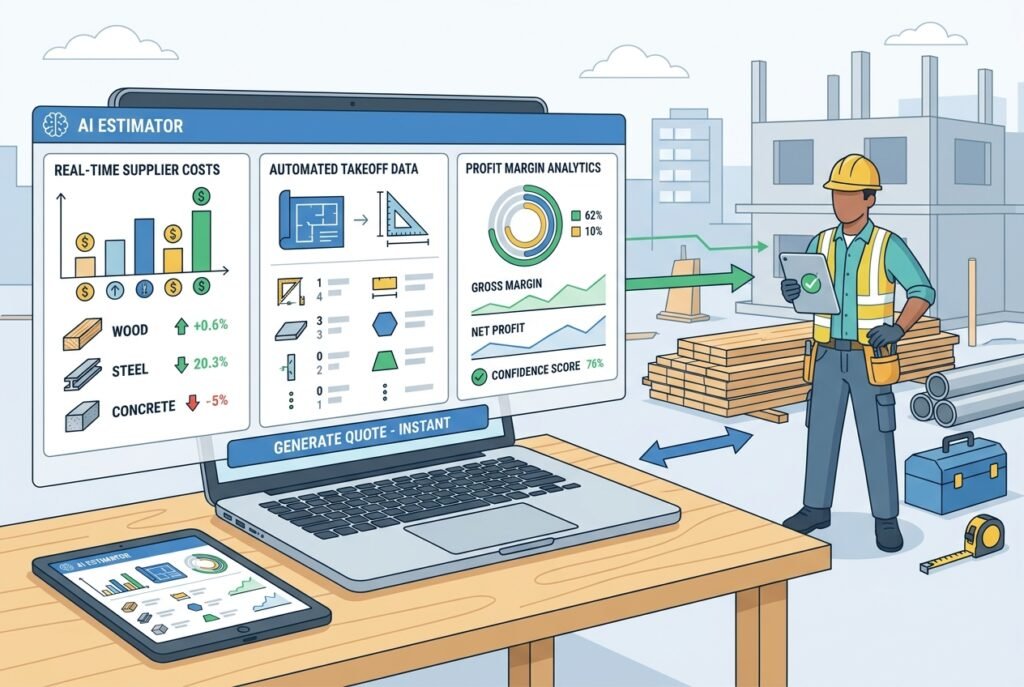 A tradesperson in a hard hat and hi-vis vest reviewing an AI-powered job pricing dashboard on a tablet, displaying automated cost estimates, supplier pricing data, and profit margin charts on a construction site.