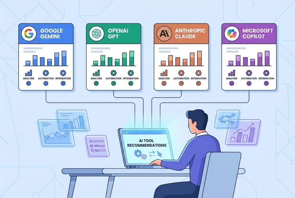 A small business owner at a modern desk reviewing a glowing laptop screen displaying a side-by-side AI platform comparison dashboard featuring Google Gemini, OpenAI GPT, Anthropic Claude, and Microsoft Copilot logos, surrounded by floating workflow automation icons and data visualisation charts.