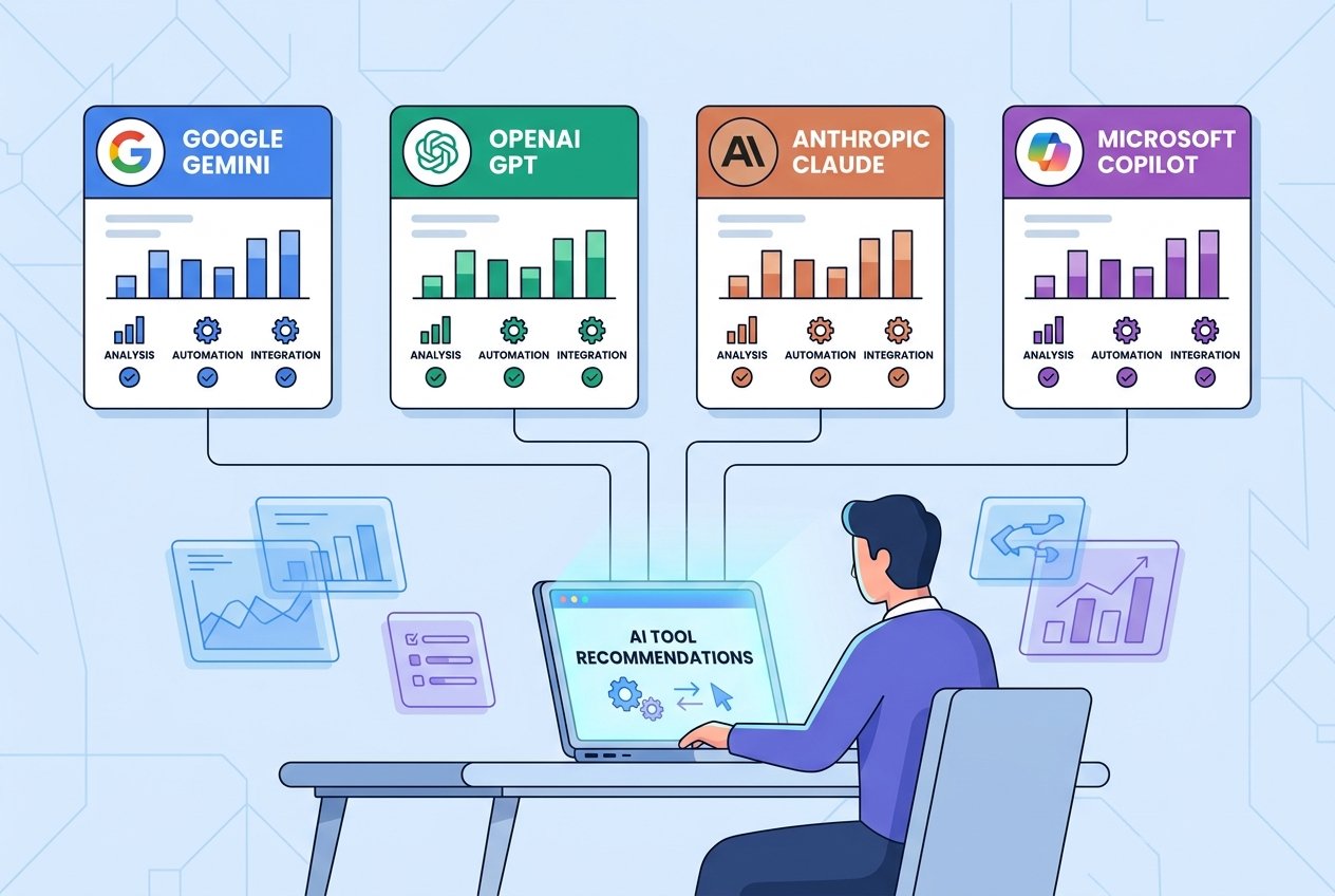A small business owner at a modern desk reviewing a glowing laptop screen displaying a side-by-side AI platform comparison dashboard featuring Google Gemini, OpenAI GPT, Anthropic Claude, and Microsoft Copilot logos, surrounded by floating workflow automation icons and data visualisation charts.