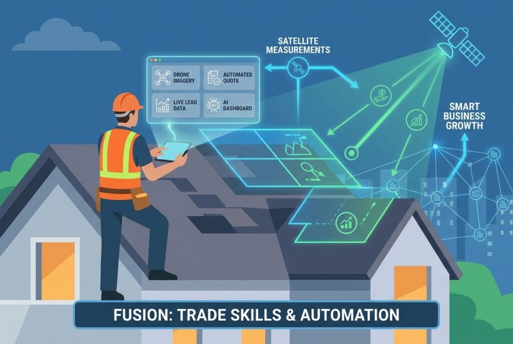 A roofing contractor on a residential roof holding a tablet displaying an AI-powered dashboard with drone satellite imagery, automated quote line items, and real-time lead capture data overlays.