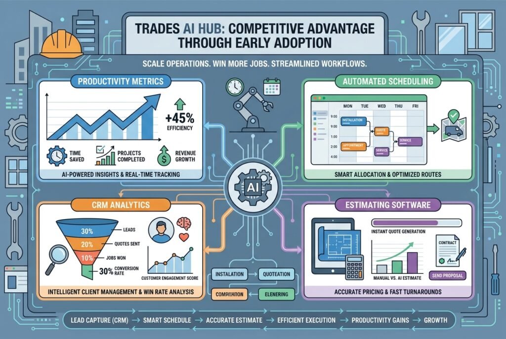 Digital dashboard displaying AI-powered business tools including automated scheduling, CRM systems, estimating software, and productivity analytics for trades businesses.