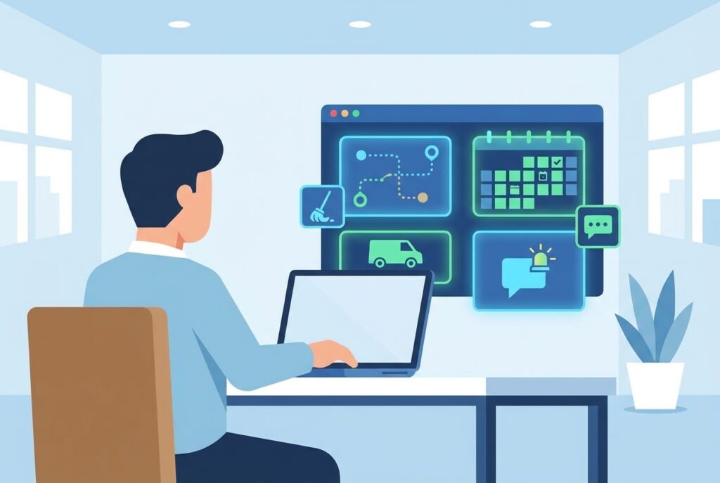 A cleaning business owner reviewing an AI dashboard on a laptop showing optimised route maps, staff scheduling grids, and automated client chat notifications in a bright modern office.