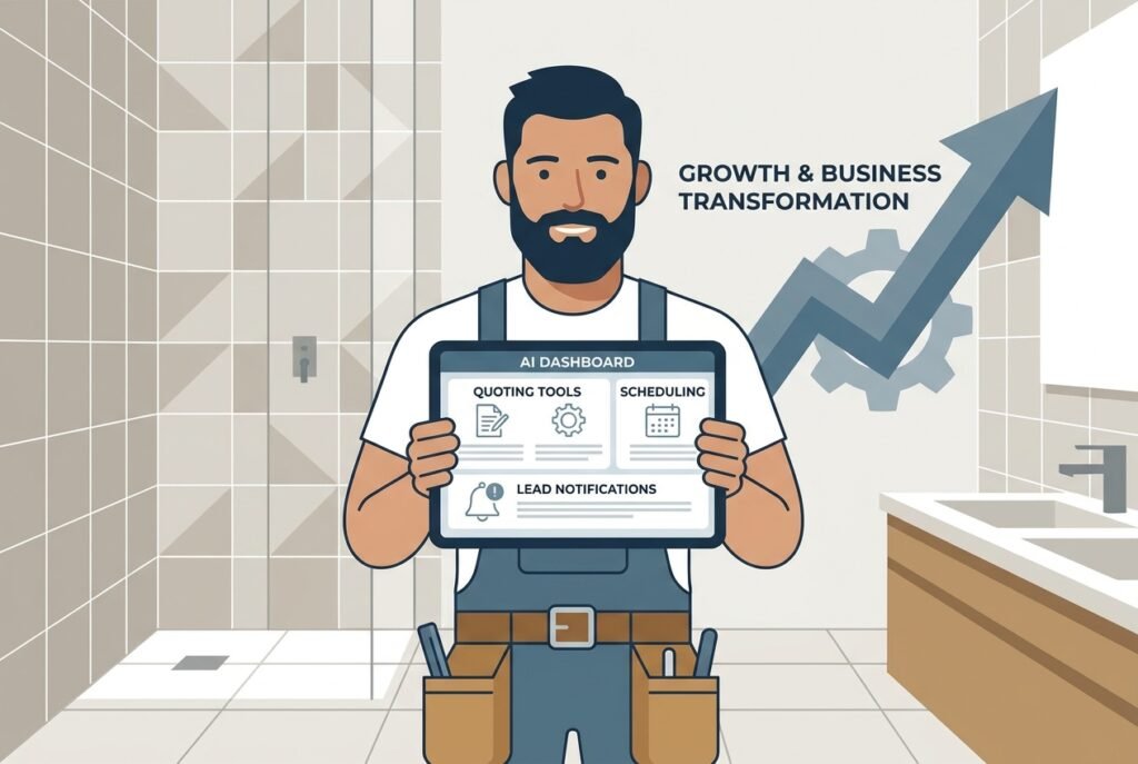 A male tiler in work clothes kneeling beside freshly laid neutral wall tiles, holding a tablet displaying an AI business dashboard with quoting and scheduling tools.