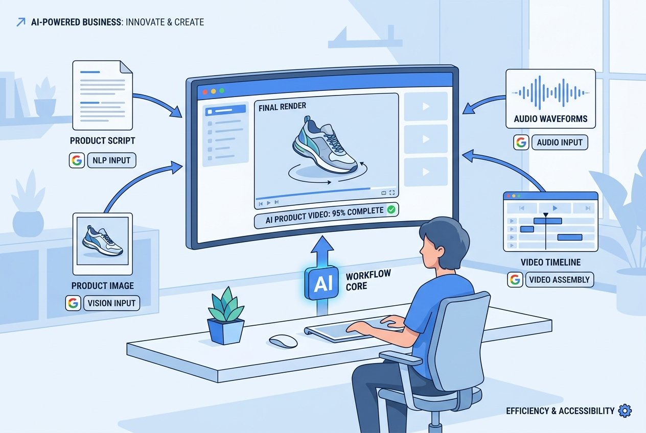 A small business owner sits at a modern desk in front of a widescreen monitor displaying a professional AI-generated product video, surrounded by floating interface icons representing text, image, audio, and video inputs merging into a unified Google Gemini Omni editing pipeline.