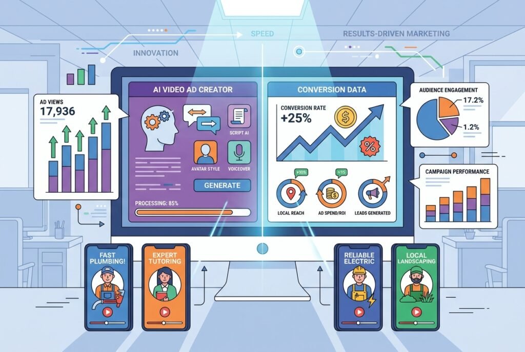 A digital marketing dashboard displaying AI-generated vertical video ads on multiple smartphone screens alongside performance analytics charts, avatar video creation tools, and ROI metrics in a modern professional workspace.