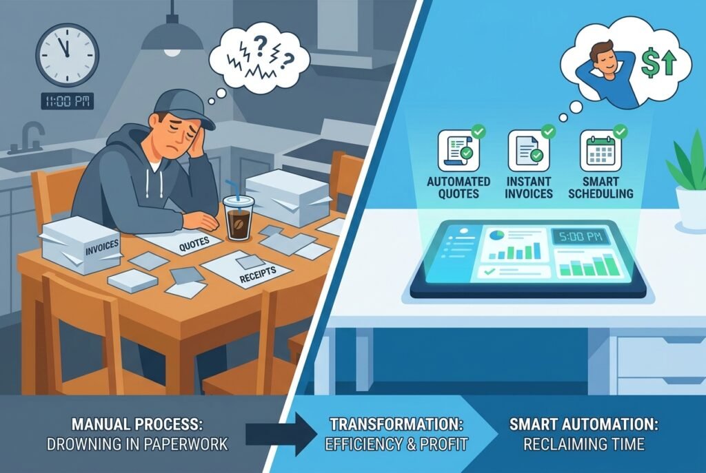 A tired tradesperson in work clothes sitting at a cluttered table covered in invoices and paperwork at night, with a glowing laptop screen displaying an AI-powered admin dashboard showing automated quotes, invoices, and scheduling tools.